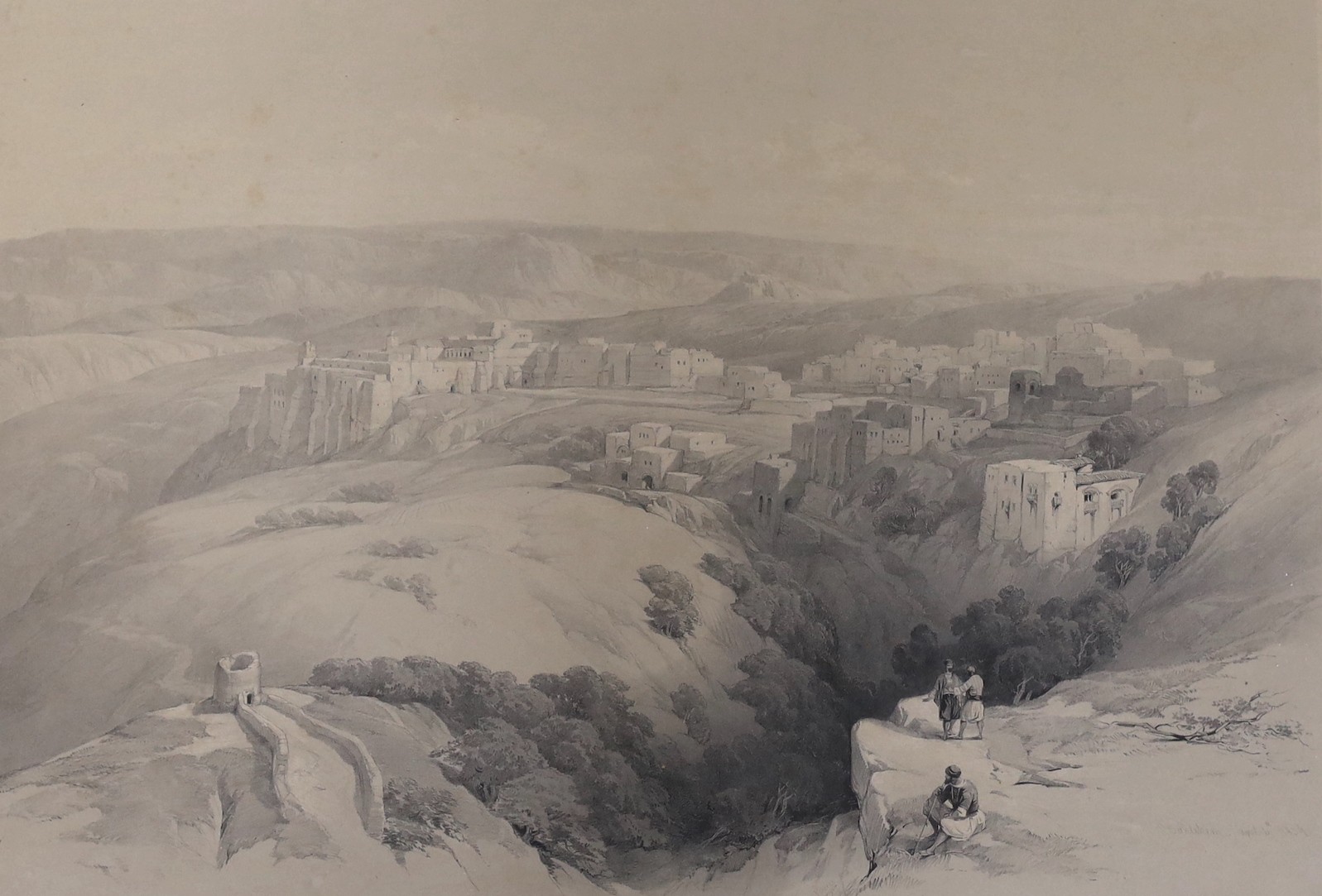 David Roberts (1796-1864), hand coloured lithograph, 'Descent into the Valley of the Jordan', 1839, plate 56, overall 36 x 52cm, and an uncoloured View of Bethlehem, 1839, plate 64, overall 36 x 52cm